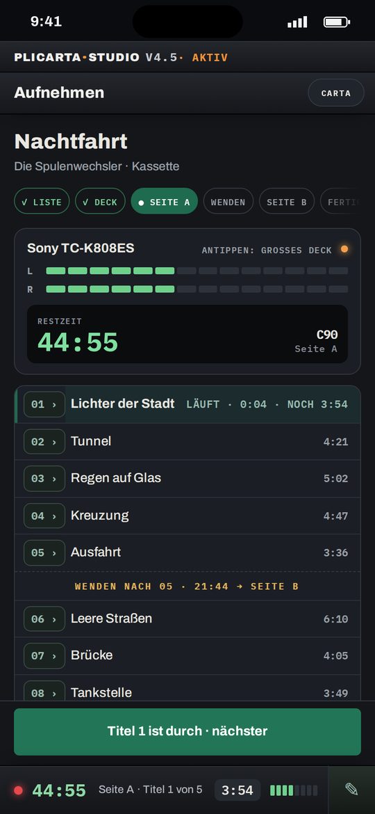 Aufnehmen mit laufendem Deck, Restzeit und Titel-Uhr