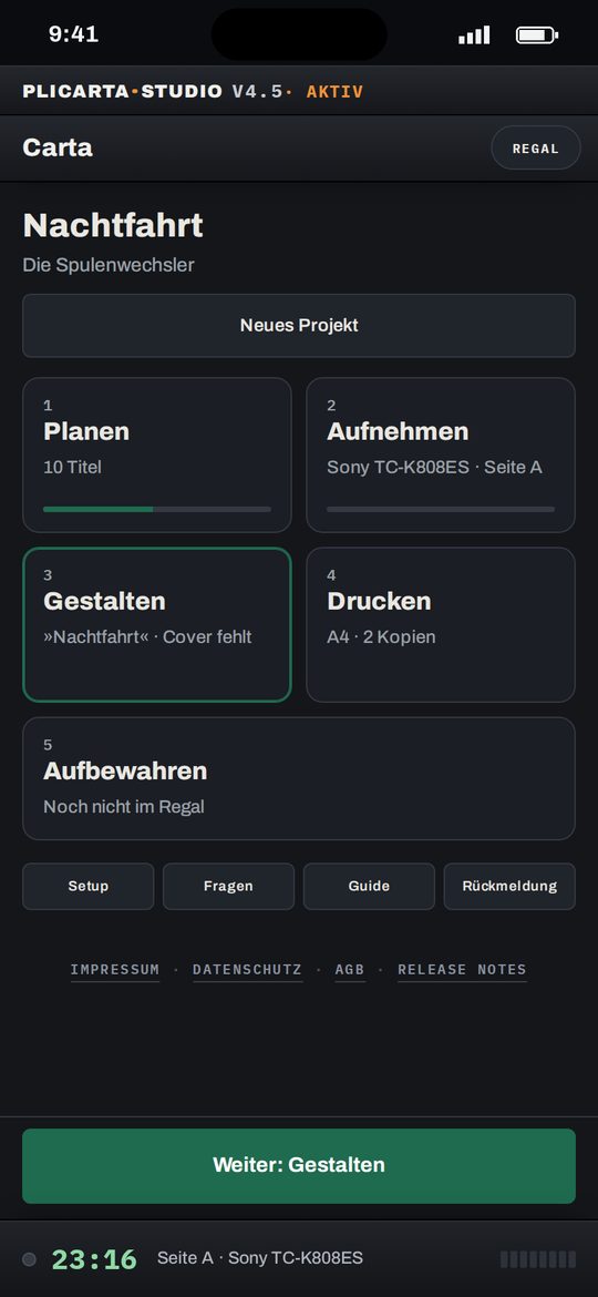 Startseite der App mit den fünf Stationen eines Bands