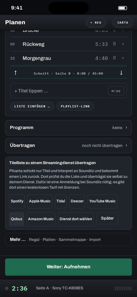 Übertragen an einen Streamingdienst mit Auswahl der Dienste