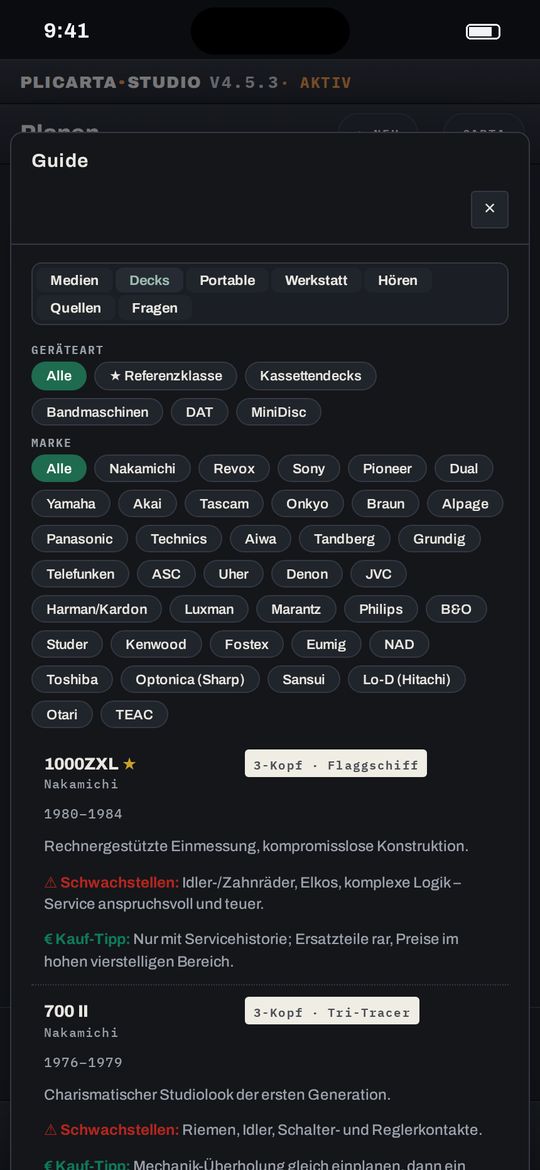 Deck-Guide mit Marken und Gerätekarten
