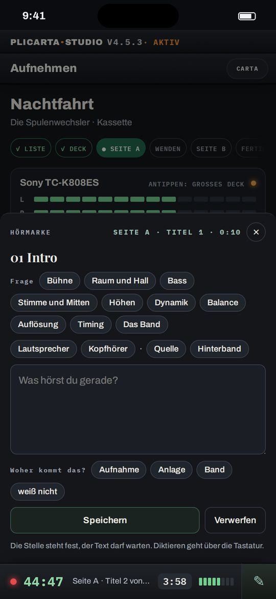 Hörmarke mit Fragen zu Bühne, Raum, Bass und Dynamik